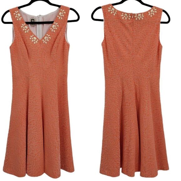 Vtg 80's Anne Klein Dress Sleeveless Shell Beaded V-neck A-line Midi Orange Sz 4 - Picture 1 of 10